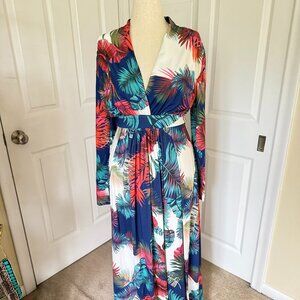 Tropical, multi colored long sleeve maxi dres with deep V neck line .
